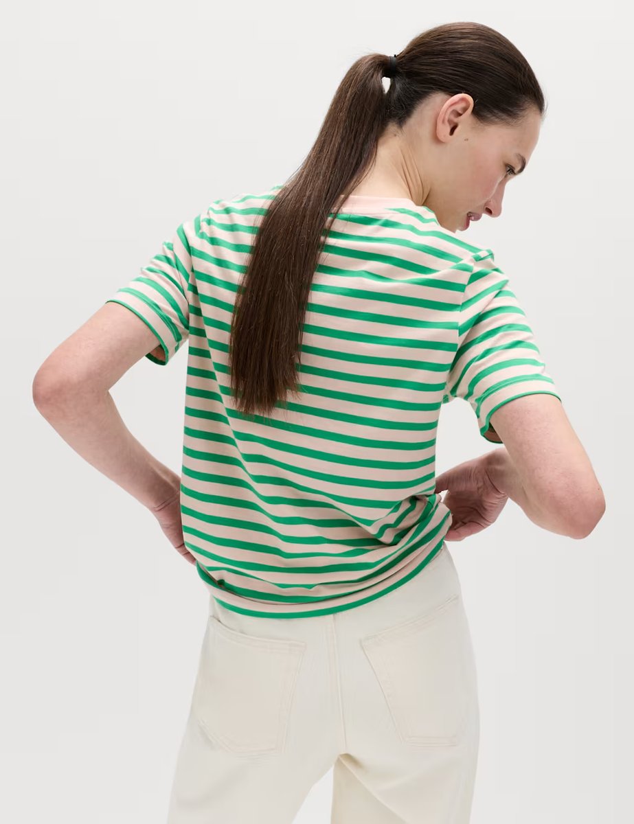 Marks & Spencer M&S Pure Cotton Striped Everyday Fit T-Shirt Light Green - 3