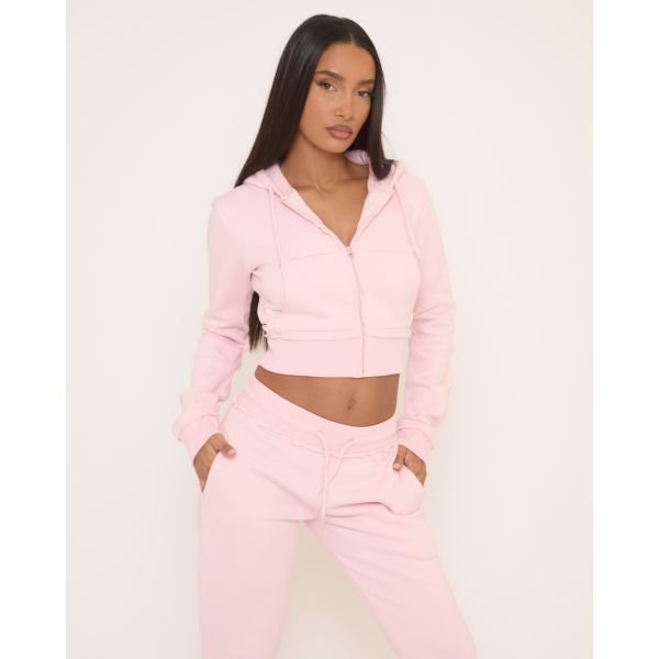 EGO Contrast Distressed Detail Cropped Zip Up Hoodie In Pink, Women's Size UK 10 - 2