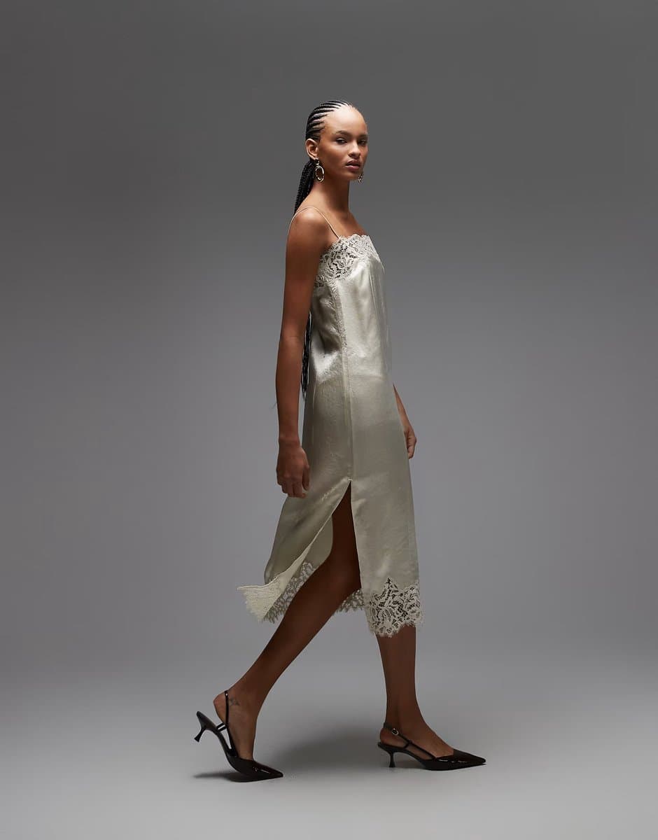 ASOS ARKET lace midi slip dress in light beige