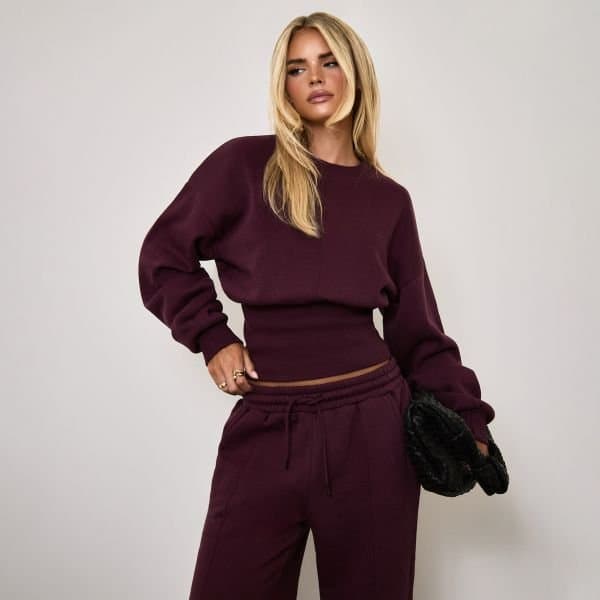 EGO Long Sleeve Cinched Waist Seam Detail Sweatshirt In Plum, Women's Size UK 12