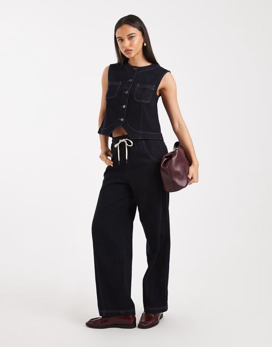ASOS Object premium denim sleeveless button front top and barrel leg jeans set in indigo rinse