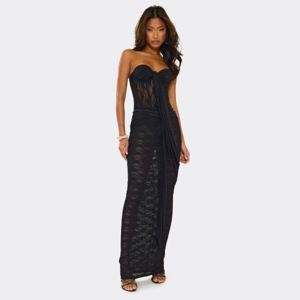 EGO Mid Waist Tie Front Drape Maxi Skirt In Black Lace, Women's Size UK 6 - 1