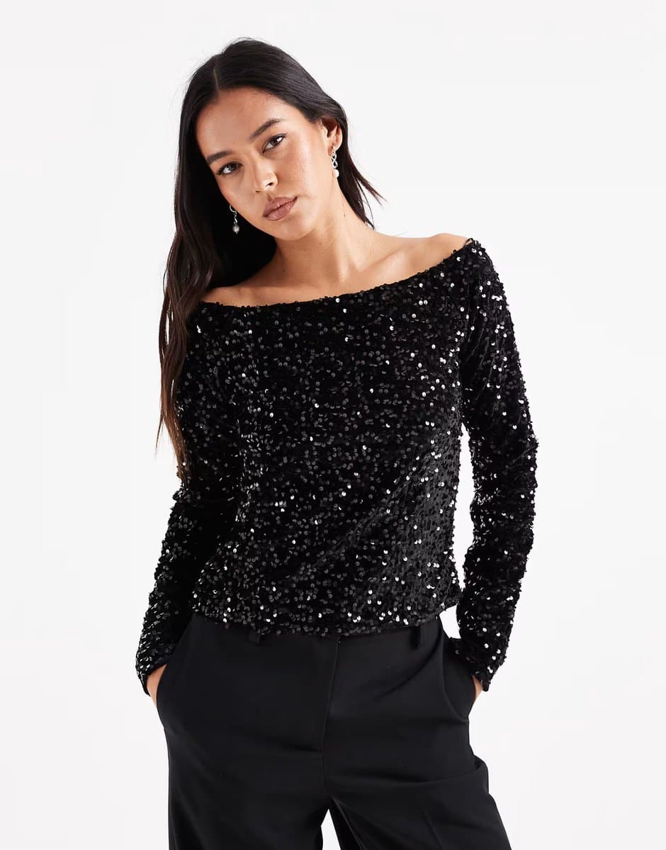 ASOS Pieces velvet and sequin off shoulder top in black