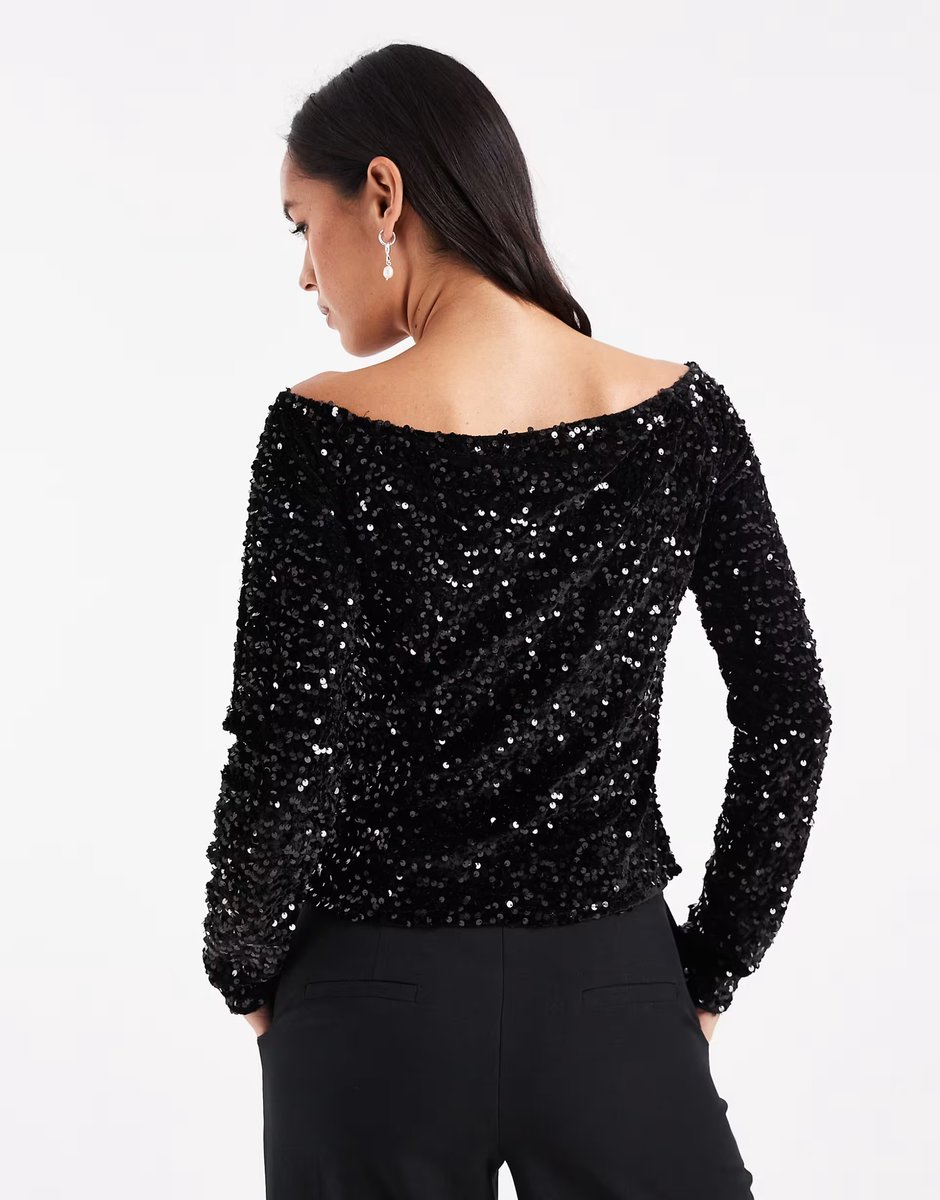 ASOS Pieces velvet and sequin off shoulder top in black - 2