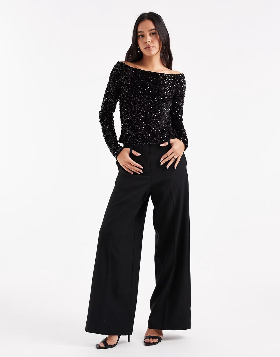 ASOS Pieces velvet and sequin off shoulder top in black - 4