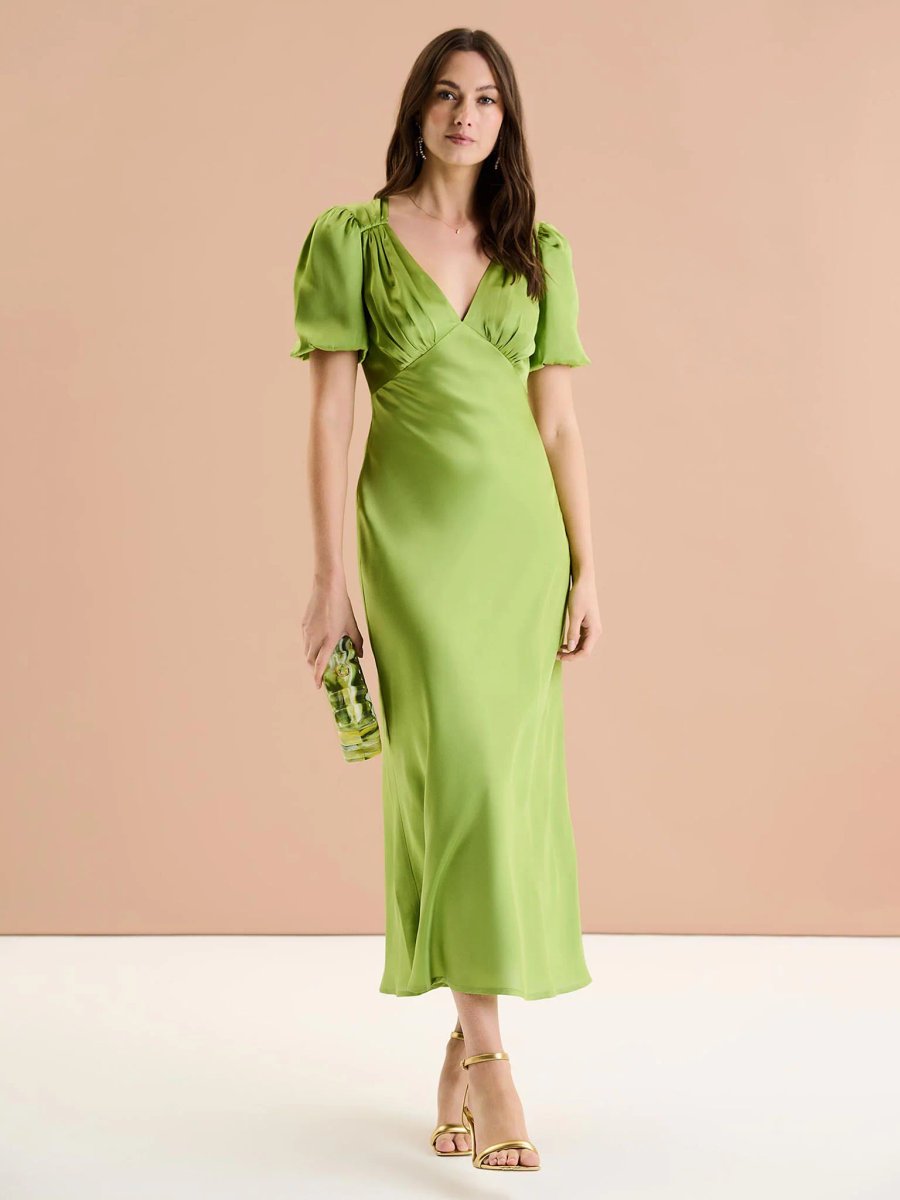 OMNES Rosie Ruched Puff Sleeve Dress in Sage - 1