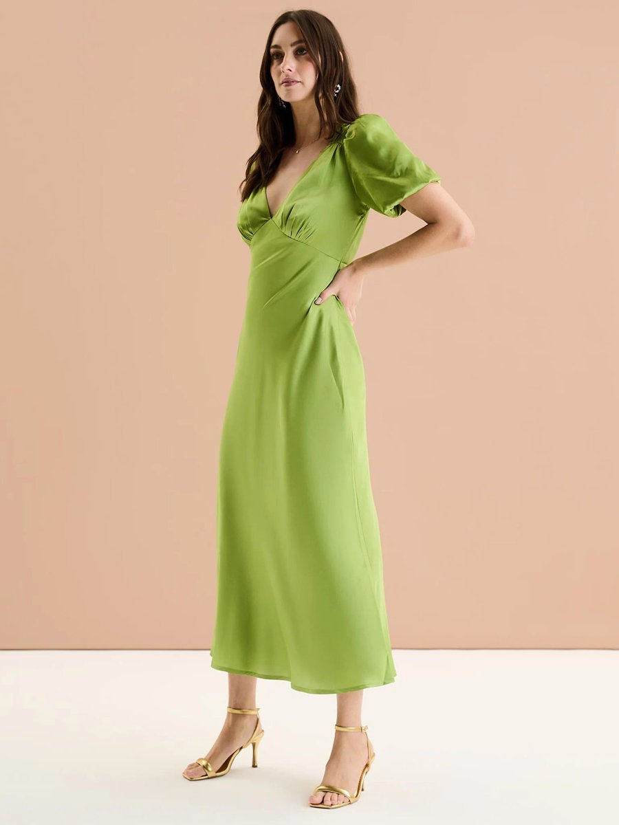 OMNES Rosie Ruched Puff Sleeve Dress in Sage - 2