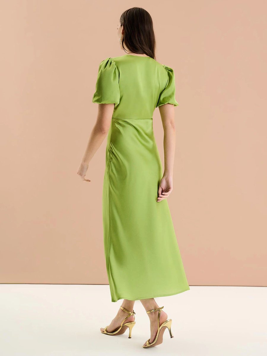 OMNES Rosie Ruched Puff Sleeve Dress in Sage - 3