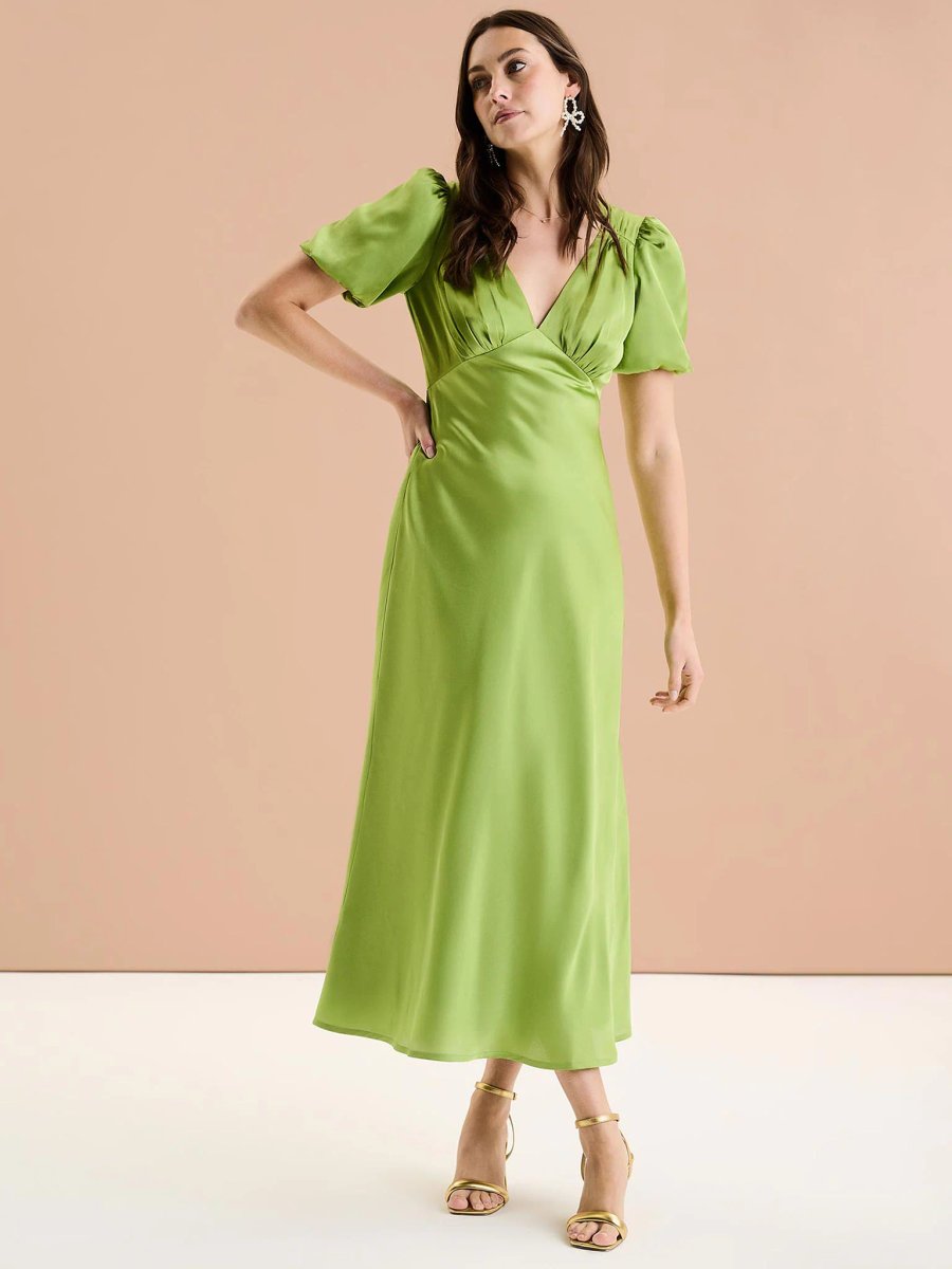 OMNES Rosie Ruched Puff Sleeve Dress in Sage - 4