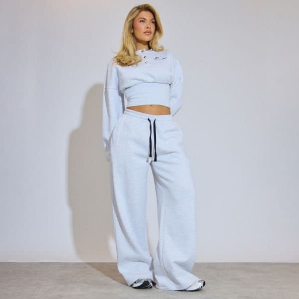 EGO Low Rise Wide Leg Essential Embroidered Graphic Joggers In Light Grey Marl, Women's Size UK 6