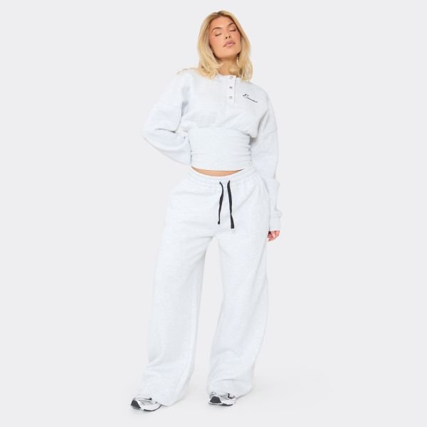 EGO Low Rise Wide Leg Essential Embroidered Graphic Joggers In Light Grey Marl, Women's Size UK 6 - 2