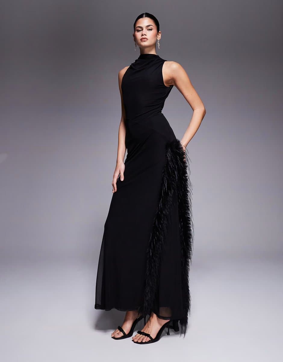 ASOS ASOS DESIGN halterneck high split maxi dress with fur detail in black