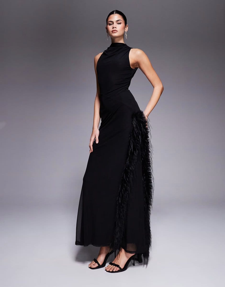 ASOS ASOS DESIGN halterneck high split maxi dress with fur detail in black - 1