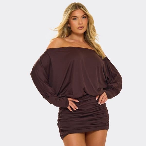 EGO Long Sleeve Off The Shoulder Slouchy Ruched Mini Dress In Brown, Women's Size UK 8