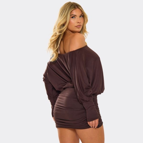 EGO Long Sleeve Off The Shoulder Slouchy Ruched Mini Dress In Brown, Women's Size UK 8 - 2