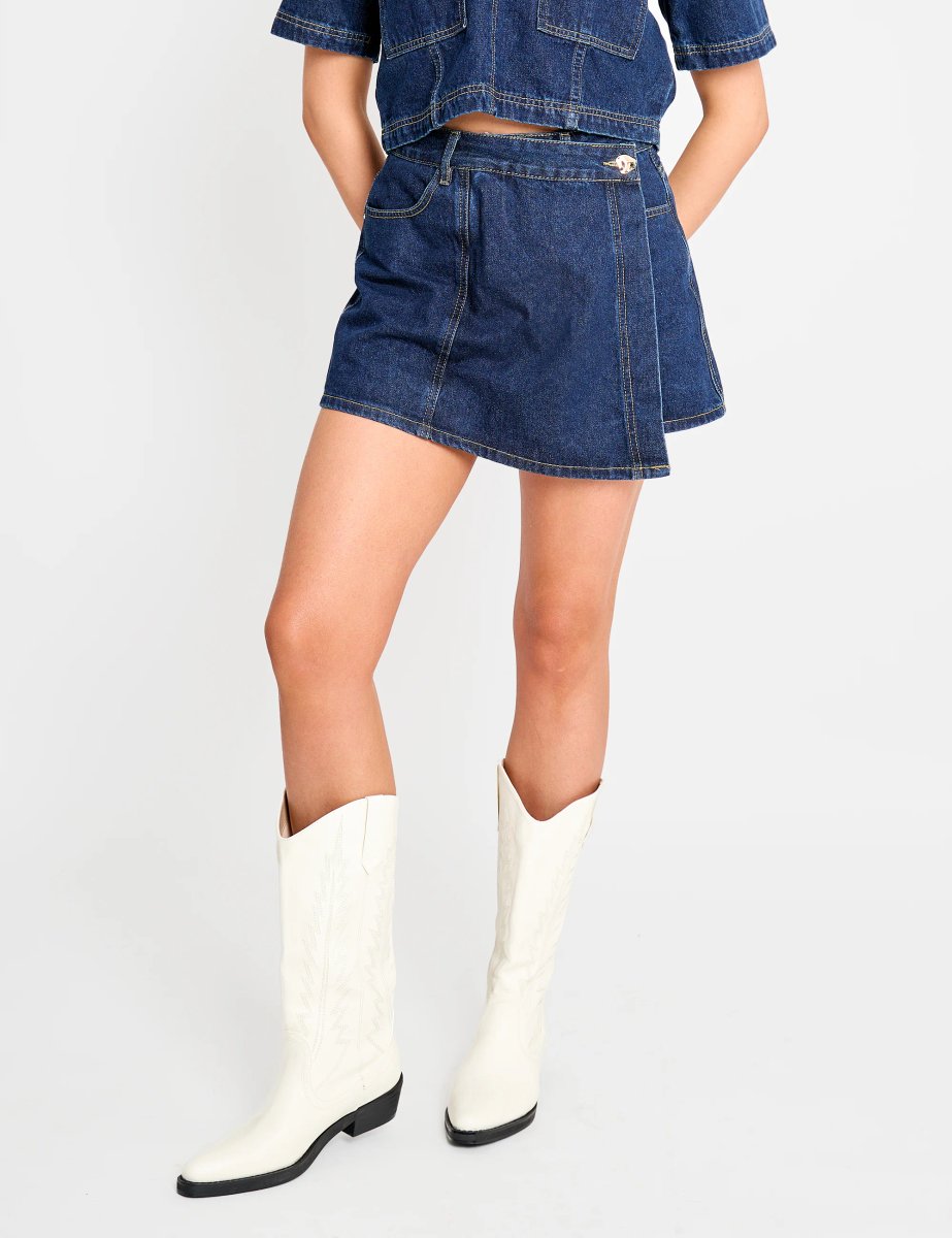 Public Desire Front Wrap Denim Skort Dark Blue - 3