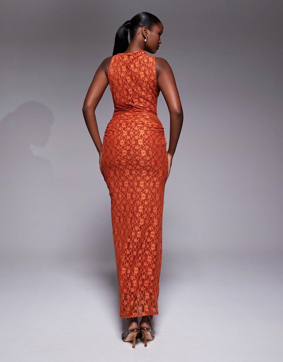 ASOS ASOS DESIGN lace midi dress with cowl draped skirt and mesh cut outs in rust - 3