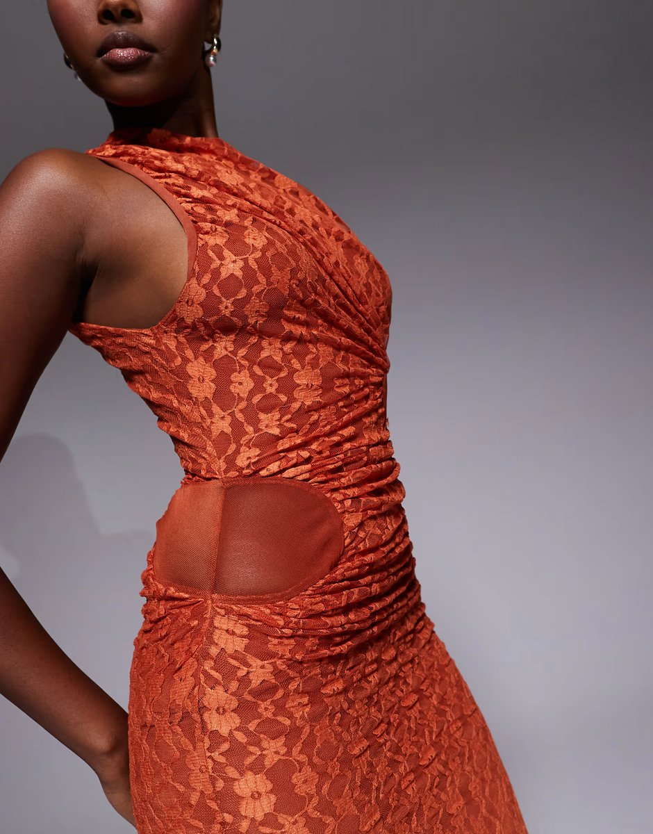 ASOS ASOS DESIGN lace midi dress with cowl draped skirt and mesh cut outs in rust - 4