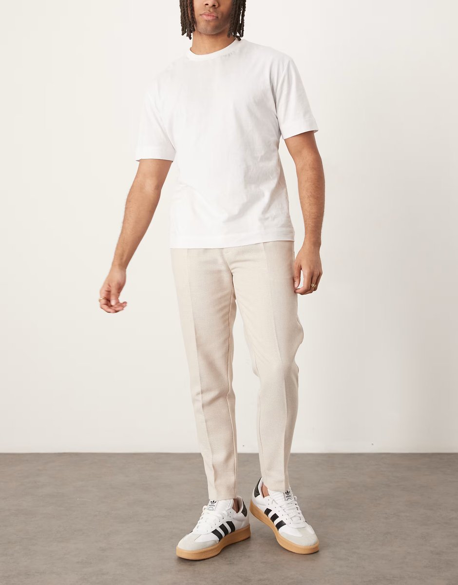 ASOS ASOS DESIGN smart tapered fit wool mix trousers with front pleat in stone - 2