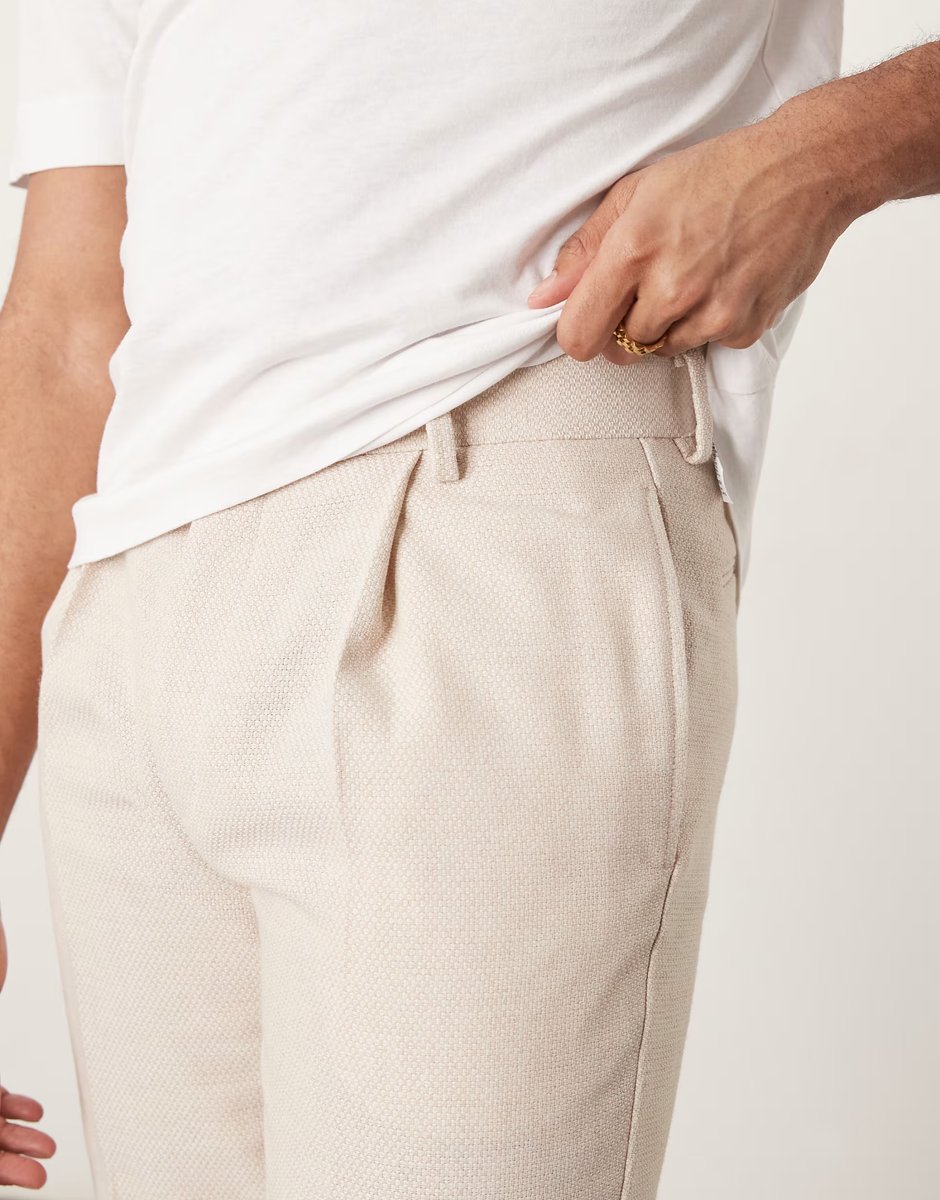 ASOS ASOS DESIGN smart tapered fit wool mix trousers with front pleat in stone - 3