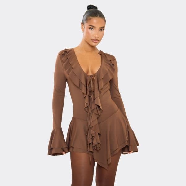 EGO Flared Sleeve Plunge Front Frill Detail Mini Dress In Chocolate Brown, Women's Size UK Large L
