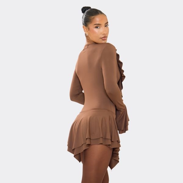 EGO Flared Sleeve Plunge Front Frill Detail Mini Dress In Chocolate Brown, Women's Size UK Large L - 2