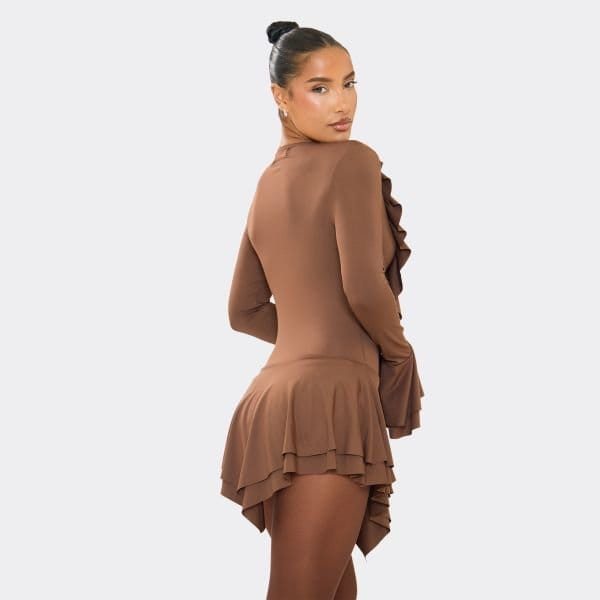 EGO Flared Sleeve Plunge Front Frill Detail Mini Dress In Chocolate Brown, Women's Size UK Large L - 2