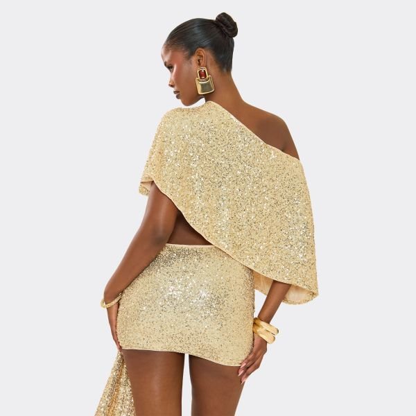 EGO Off The Shoulder Cape Top In Gold Sequin, Women's Size UK 8 - 2