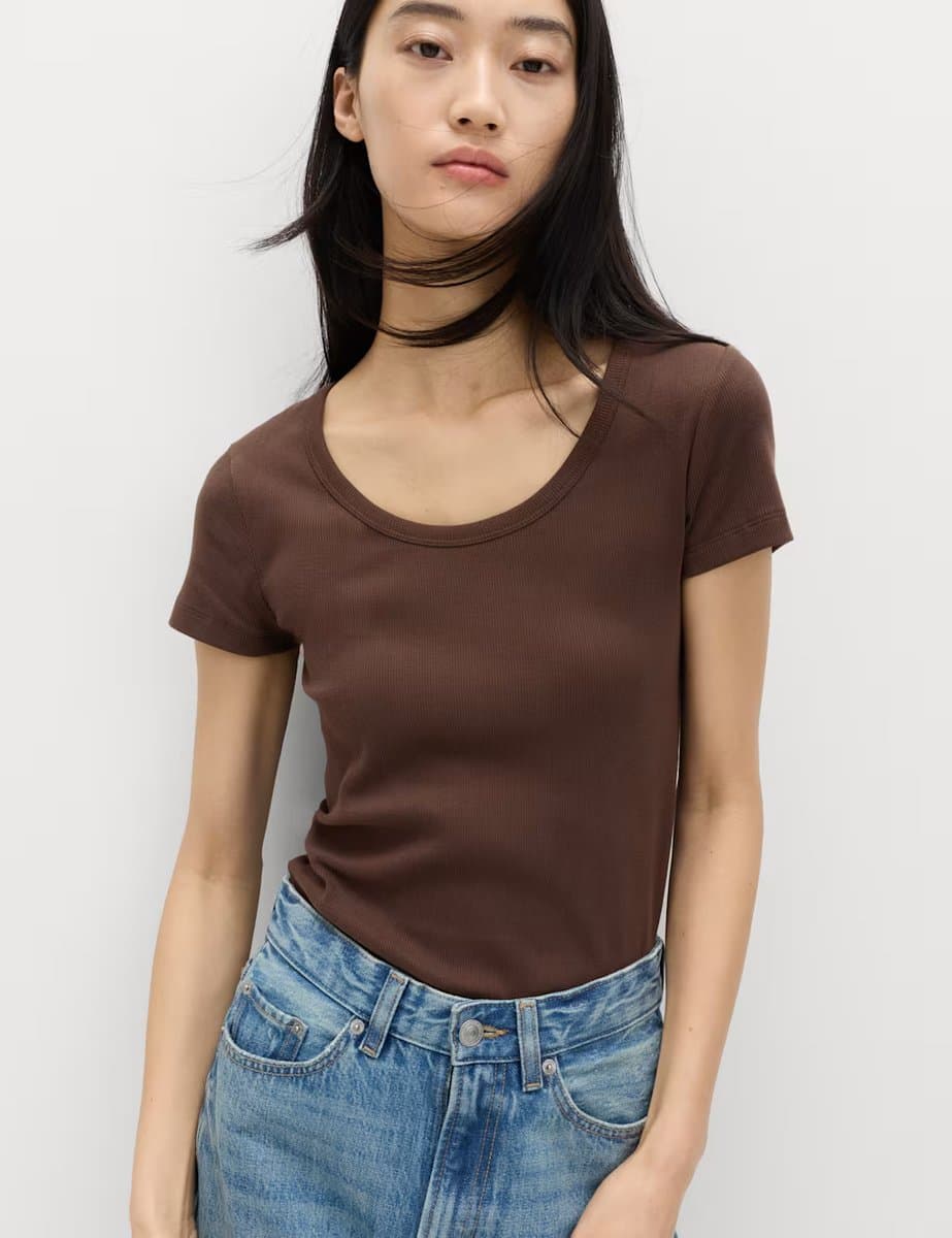 Marks & Spencer M&S Chocolate Scoop Neck Slim Fit T-Shirt