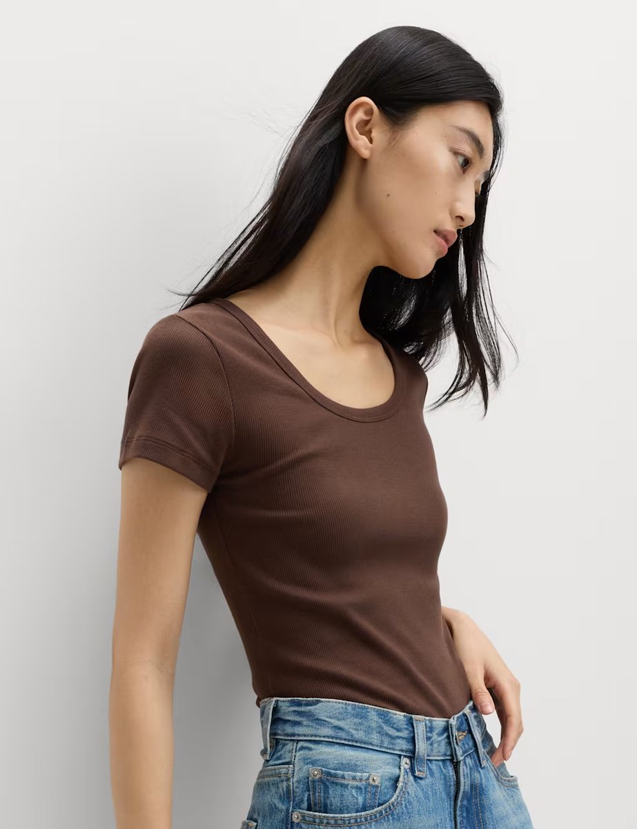 Marks & Spencer M&S Cotton Rich Scoop Neck Slim Fit T-Shirt Chocolate - 2