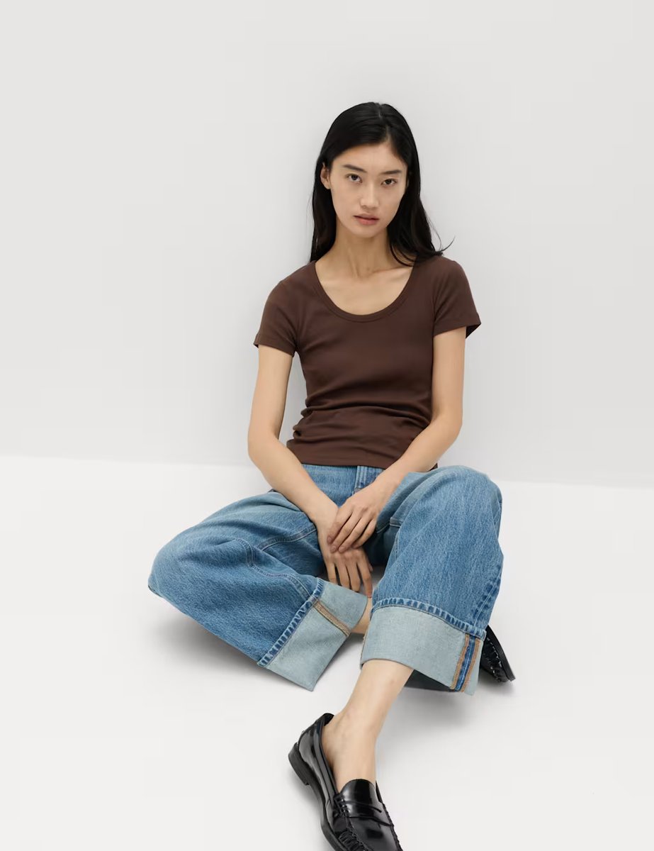 Marks & Spencer M&S Cotton Rich Scoop Neck Slim Fit T-Shirt Chocolate - 4