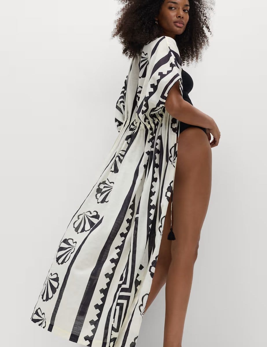 Marks & Spencer M&S Pure Cotton Shell Print Maxi Kaftan Black Mix - 4