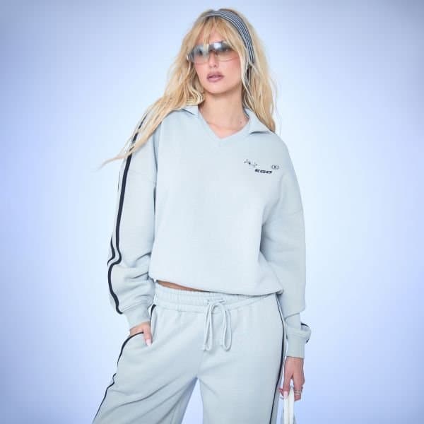 EGO V Neck Collared Striped Ego Graphic Detail Sweatshirt In Light Grey Marl, Women's Size UK 6