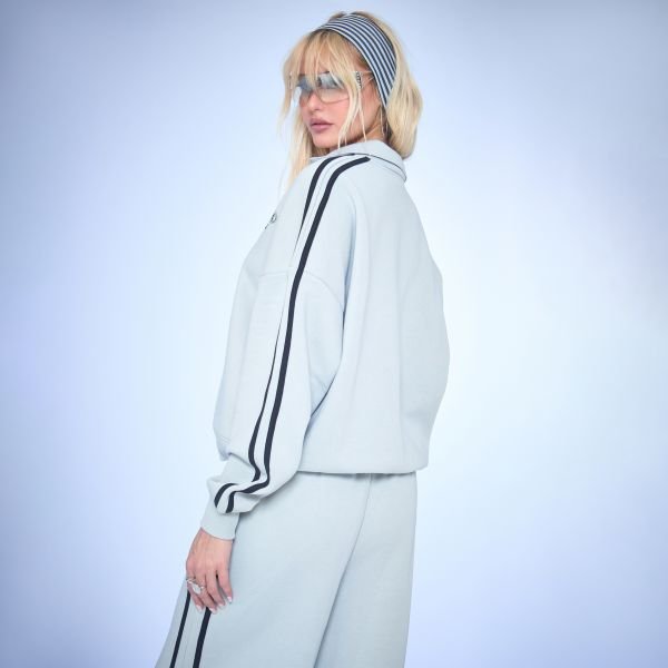 EGO V Neck Collared Striped Ego Graphic Detail Sweatshirt In Light Grey Marl, Women's Size UK 6 - 2