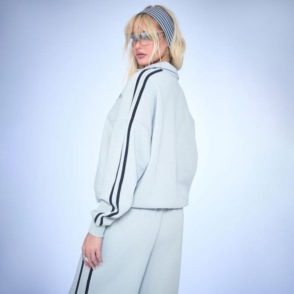 EGO V Neck Collared Striped Ego Graphic Detail Sweatshirt In Light Grey Marl, Women's Size UK 6 - 2