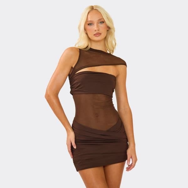 EGO High Neck One Shoulder Cut Out Front Mini Dress In Chocolate Brown, Women's Size UK Large L