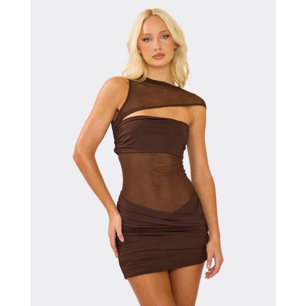 EGO High Neck One Shoulder Cut Out Front Mini Dress In Chocolate Brown, Women's Size UK Large L - 2