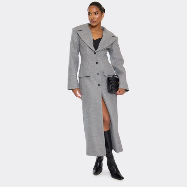 EGO Long Sleeve Cinched Waist Blazer Wool Look Maxi Coat In Grey, Women's Size UK 4 - 2
