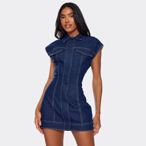 EGO Short Sleeve Cinched Waist Detail Mini Dress In Indigo Blue Denim, Women's Size UK 6