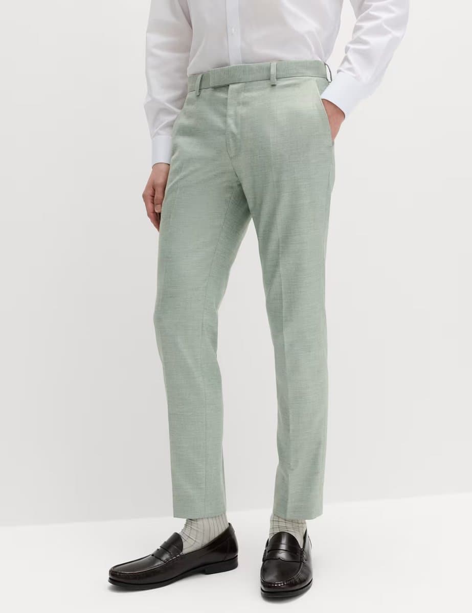 Marks & Spencer M&S Slim Fit Textured Stretch Trousers in Green
