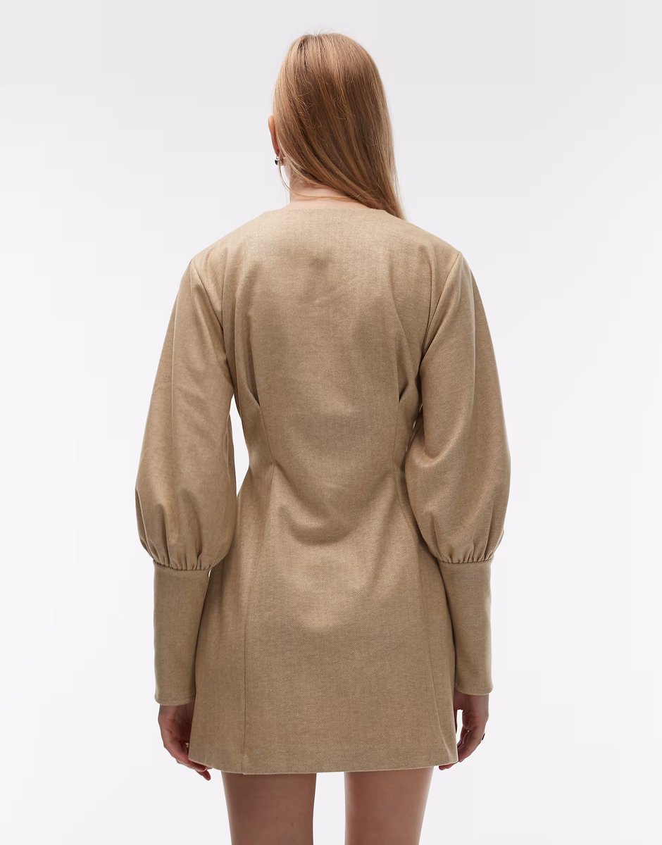 ASOS ASOS DESIGN sculpted puff sleeve blazer mini dress in stone - 4