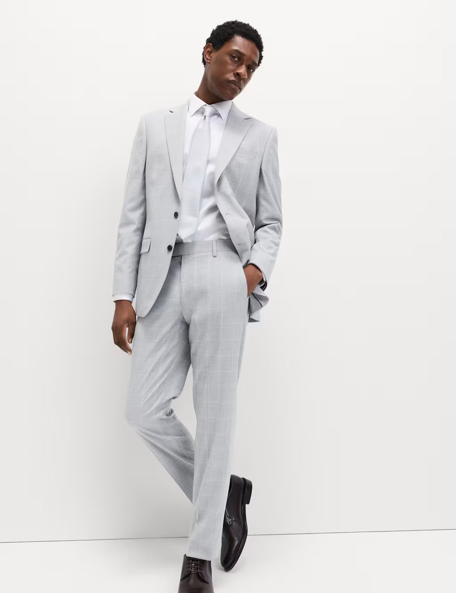 Marks & Spencer M&S Prince of Wales Check Stretch Suit Trousers Light Grey Mix - 2