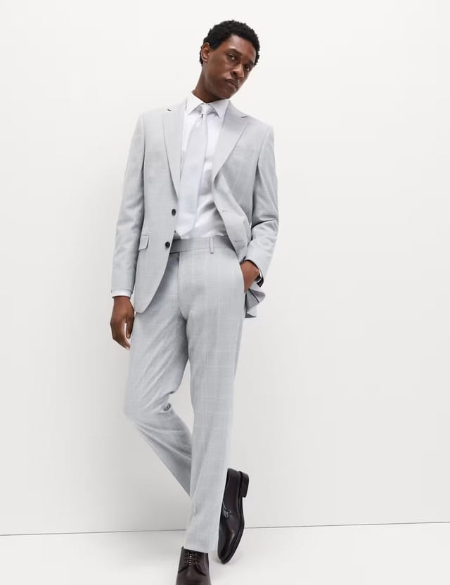 Marks & Spencer M&S Prince of Wales Check Stretch Suit Trousers Light Grey Mix - 2