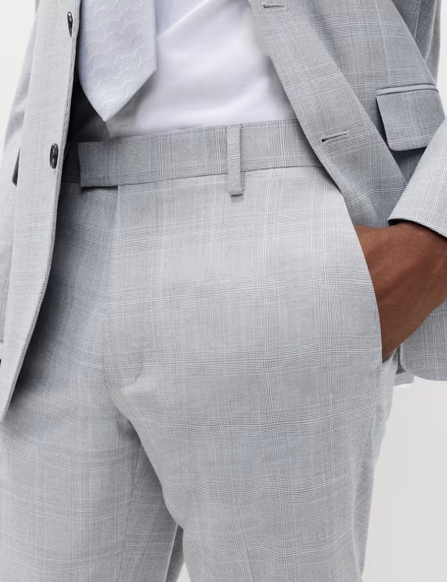 Marks & Spencer M&S Prince of Wales Check Stretch Suit Trousers Light Grey Mix - 4