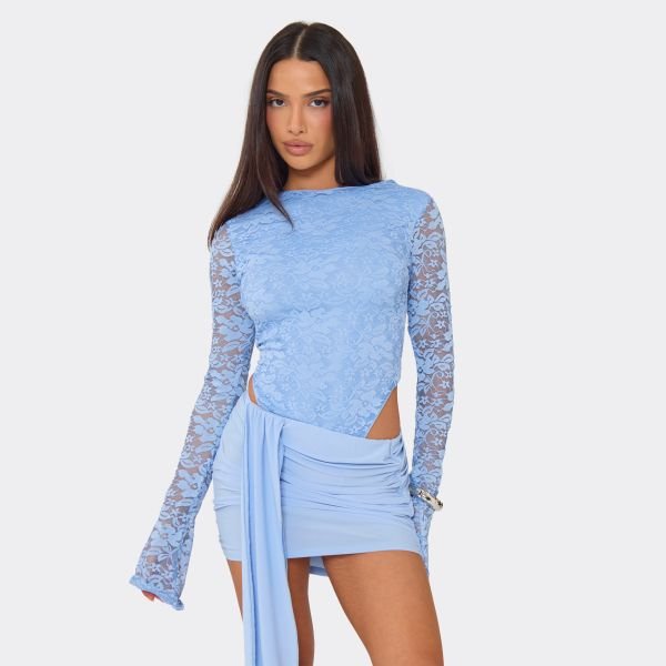 EGO LACE LONG SLEEVE CREW NECK BODYSUIT IN BLUE, Women's Size UK 6 - 1