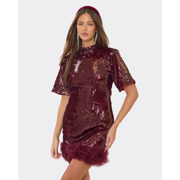 EGO Short Sleeve High Neck Faux Feather Trim Mini Dress In Burgundy Sequin, Women's Size UK 6 - 2