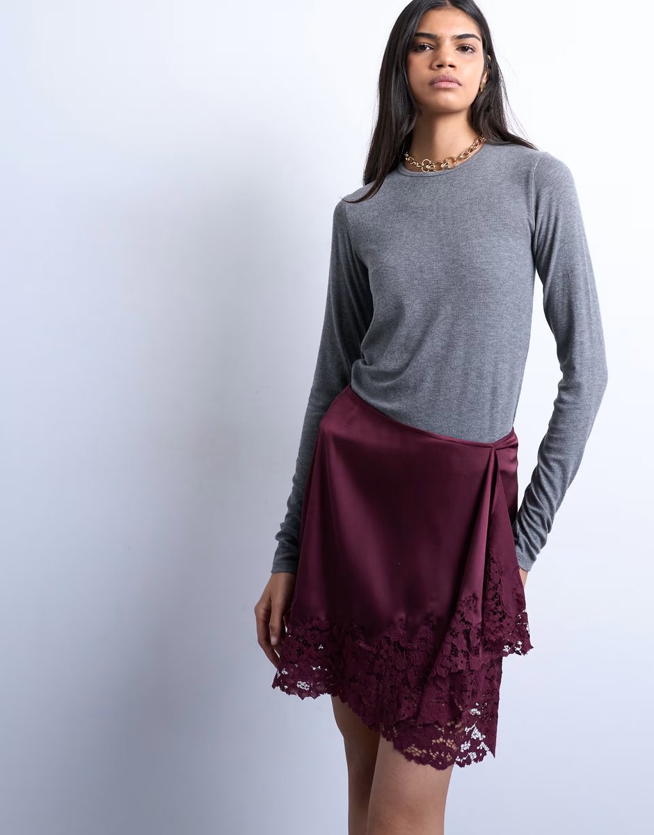 ASOS Topshop satin aymmetric mini skirt with lace trim in port royale - 2