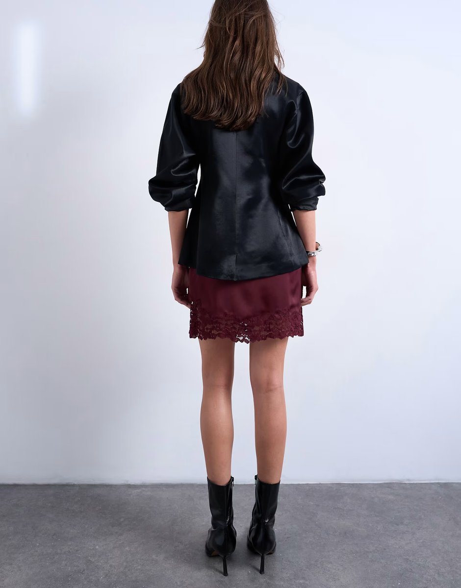 ASOS Topshop satin aymmetric mini skirt with lace trim in port royale - 3
