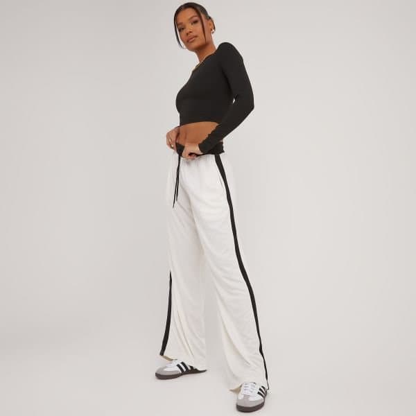 EGO High Waist Contrast Stripe Detail Wide Leg Joggers In Cream, Women's Size UK 8