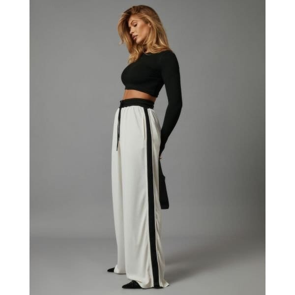 EGO High Waist Contrast Stripe Detail Wide Leg Joggers In Cream, Women's Size UK 8 - 2